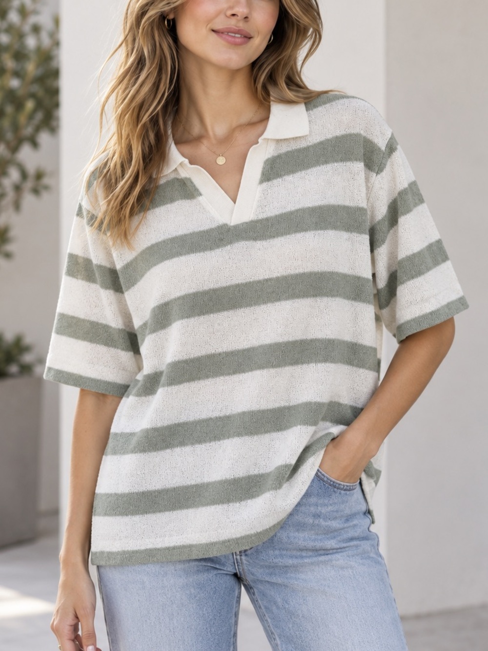 Zara Striped Knit Polo Shirt Sage Green Ivory Short Sleeve Size L